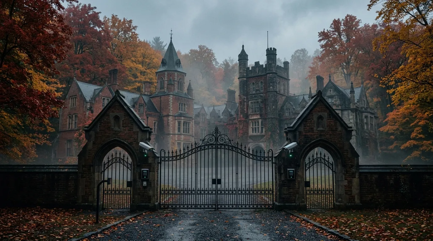 An imposing secluded brick academy in autumn mist with surveillance gates