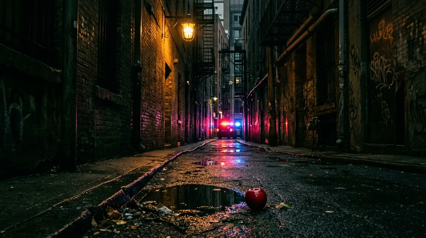 A rain-slick alley at night under a flickering streetlight