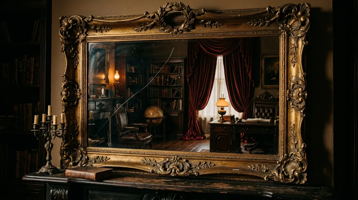 A cracked antique mirror reflecting an elegant room