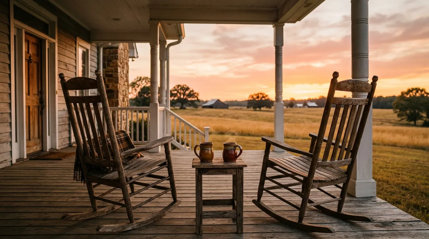 Two rocking chairs on a farmhouse porch at sunset