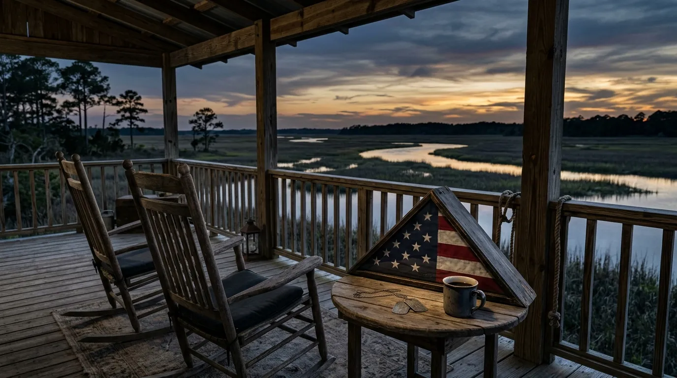 A coastal porch at sunset with a veteran memorial flag and rocking chairs