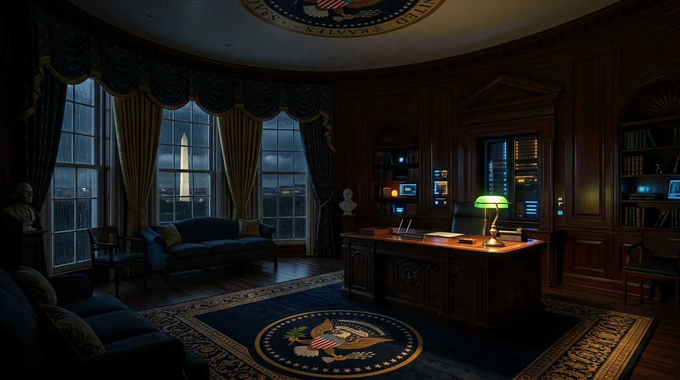 An empty Oval Office at night with server arrays and warm desk lamp