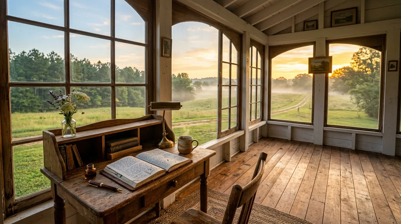 A sunlit farmhouse writing desk overlooking morning mist