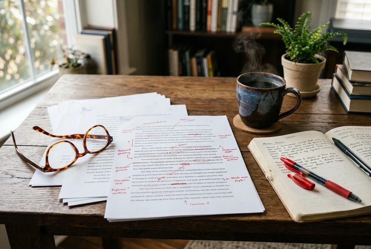 A writer’s desk with edited manuscript pages and reading glasses